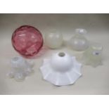 Group of six various glass shades including Vaseline, cranberry, pearlescent etc.