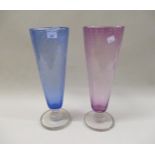 Two Whitefriars type coloured conical bubble glass vases on pedestal stands, 38cm high