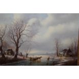 Franz Albert, pair of oil paintings on board, winter lake scenes with figures, signed, 29cms x