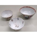 Small Chinese famille rose bowl, 11cms diameter, together with two similar tea bowls (at fault)