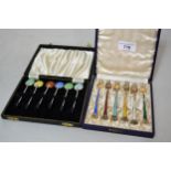 Set of six Danish silver gilt and enamel miniature forks in case, together with six English silver