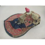 Nepalese or Tibetan monk's cap with embroidered decoration and brass appliques