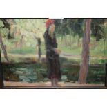 Early 20th Century oil, study of a young lady in a parkland landscape, 20cm x 30c,m, indistinctly