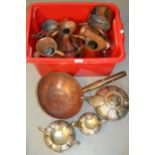 Silver plated three piece tea service and a quantity of copper measures and pans etc.