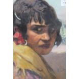 20th Century pastel head and shoulder portrait of a woman wearing a yellow scarf, bearing