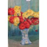 J. Simpson, mixed media, still life study of summer flowers in a blue and white vase, 57cms x 42cms,