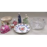 Four various Royal Doulton figures, a Greek pottery tazza, cut glass bowl and a 19th Century