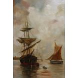 Early 20th Century oil on canvas, river scene with shipping, signed K. Gray, 60cms x 31cms, gilt