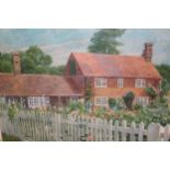 J. Simpson, oil on board, view of a country cottage with garden in bloom, 45cms x 60cms, framed