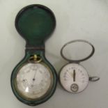 Brass pocket barometer with original outer case, together with a nickel plated pocket sundial with