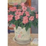 J. Simpson, oil on board, still life, pink flowers in a jardiniere, 60cms x 49cms, framed,