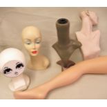 Quantity of various shop display mannequin parts including torso, stocking display leg, two heads