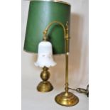 Adjustable brass table lamp with glass shade, together with another brass table lamp