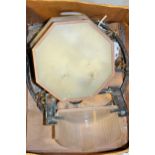 Art Deco brass and opaque glass octagonal ceiling light, 27cms diameter, together with a similar