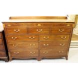 Late 18th / early 19th Century mahogany and line inlaid mule chest with galleried back, the hinged