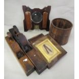 Two antique wooden woodworking planes, small metal bound wooden bucket, hall mirror and clothes