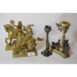 Pair of brass ornamental figures on horseback, a Art Nouveau style silver plated figural