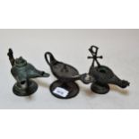 19th Century cast iron antique style lamp and two cast bronze antique style oil lamps