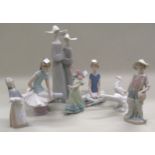 Lladro group of two nuns, 32.5cms high together with seven other various Lladro figures