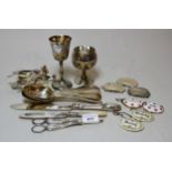 Pair of silver plated grape scissors, together with a small quantity of other plated items and a