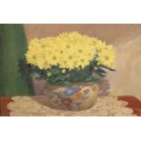 J. Simpson, oil on board, still life, yellow flowers in a pottery jardiniere, 45cms x 55cms,