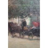 20th Century oil on canvas laid onto board, figures in a horsedrawn carriage, signed R. Pickford,