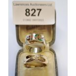 9ct Gold enamel decorated buckle ring together with another 9ct gold ring, 8.2g Buckle ring - Size L