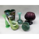 Mdina, baluster form narrow neck vase, 17cm high, Murano glass (at fault) and four other art glass