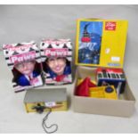 Schuco tin plate toy model garage, boxed Lehmann toy cable car, Rigi 900 and two boxed Political