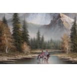 Belmore Browne, 20th Century oil on canvas board, American mountain scene with Indians on