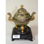 Chinese enamelled glass and gilt metal two handled covered bowl, on a carved hardwood stand, 14cms