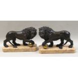 Pair of fine quality early 19th Century dark patinated bronze figures of Medici lions, each with a