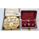 Set of three 9ct white gold and mother of pearl shirt studs, similar pin and other studs etc.