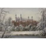 Small oil on board, winter scene with distant view of Eton College, 12cms x 21cms, together with