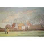 J. Simpson, large oil on board, figures before rural cottages in a landscape, 61cms x 92cms together