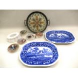 Pair of Copeland Spode blue and white Tower pattern decorated meat plates, five various Prattware