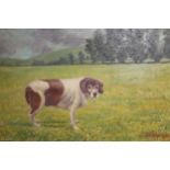 J. Simpson, oil on board, study of a dog in a landscape, 34cms x 58cms together with three small