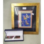 Waterman two piece pen set in original box and an Asian watercolour on page, bearing text, framed,
