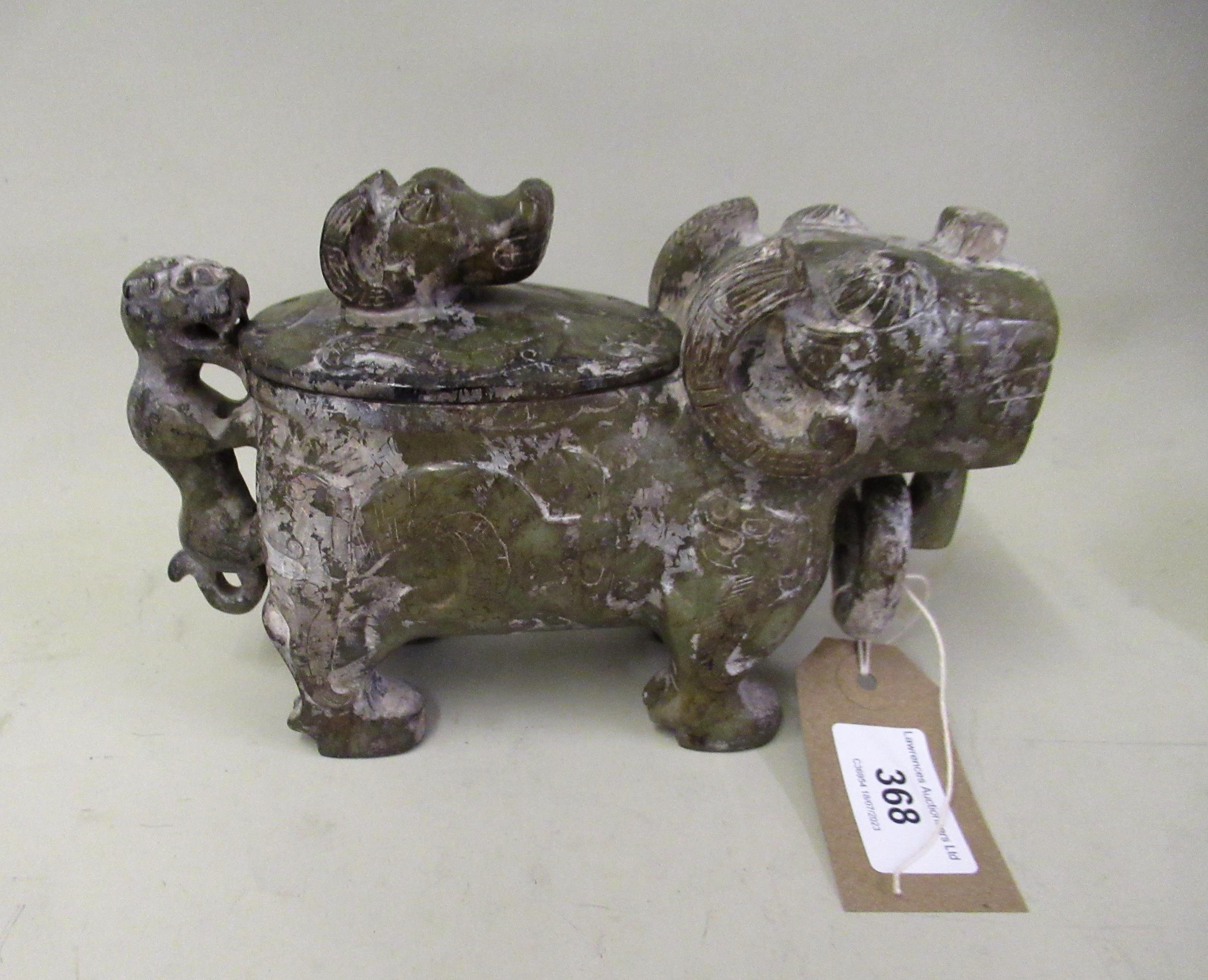 Chinese hardstone figure of a ram, with cover