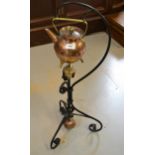 Benham and Froud Christopher Dresser design copper and wrought iron spirit kettle on stand
