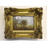 After Constable, small oil on board, trees in a landscape, 11cms x 16cms approximately, gilt framed