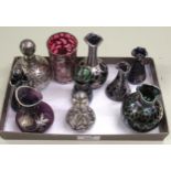 Collection of ten various glass and white metal mounted miniature vases and perfume bottles, the