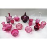 Box containing a collection of various cranberry glass bowls, vases, dishes etc. and other