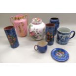 Collection of five pieces of Royal Torquay pottery, with floral decoration on a blue ground,
