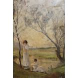 20th Century oil on canvas, two girls before a lake, unframed, bearing signature ' Barnes ', 46cms x