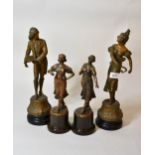 Pair of spelter figures of a lady and gentleman, 39cms high together with a similar smaller pair
