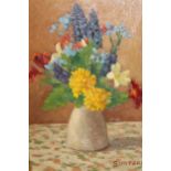 J. Simpson, oil on board, still life of summer flowers in a pottery vase, 30cms x 22cms, together