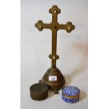 Small brass crucifix with cabochon glass mounts, cloisonne circular box and cover and another copper