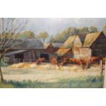 Roger Remington, oil on board, cattle outside a barn at Ockley Park Farm, Surrey, 50cms x 60cms