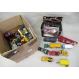Box containing a small quantity of various diecast metal model vehicles, including Dinky, Supertoys,